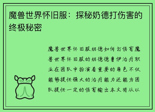 魔兽世界怀旧服：探秘奶德打伤害的终极秘密